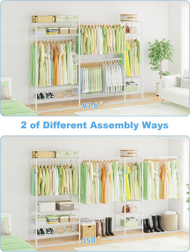 Ulif E11 Heavy-Duty Garment Rack, Metal Freestanding Clothes Rack and Closet Storage Organizer with 8 Shelves and 4 Hanger Rods, (73.2 - 97.6)"W x 14.5"D x 71.2"H, Load 1034 LBS, White