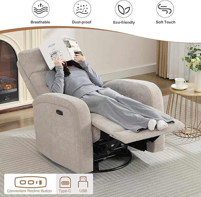 Glider Recliner Nursery Chair, Power Swivel Rocker Recliner with Adjustable Backrest Support, Swivel Rocking Nursery Recliner Chairs with USB and Type-C Ports for Living Room, Chenille Camel