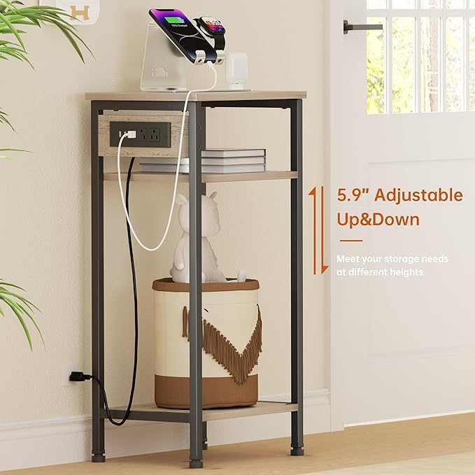 Tall End Table with Charging Station, 3 Tier Narrow Beside Table with Adjustable Shelf, Tall Side Table Nightstand for Bedroom, Living Room Coffe Table, Office, Greige