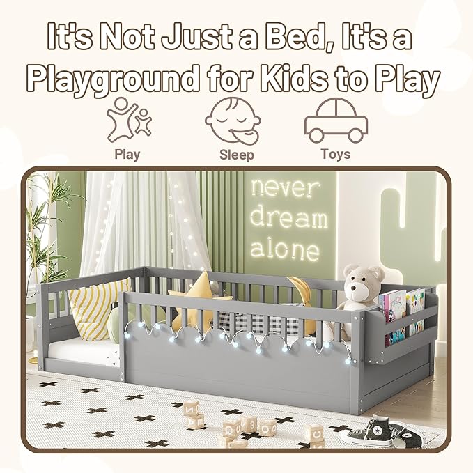 Twin Toddler Floor Bed with High Rails, Wooden Montessori Bed Frame with Light and Storage Shelf, Twin Size Bed Frame for Kids, Boys and Girls, Grey