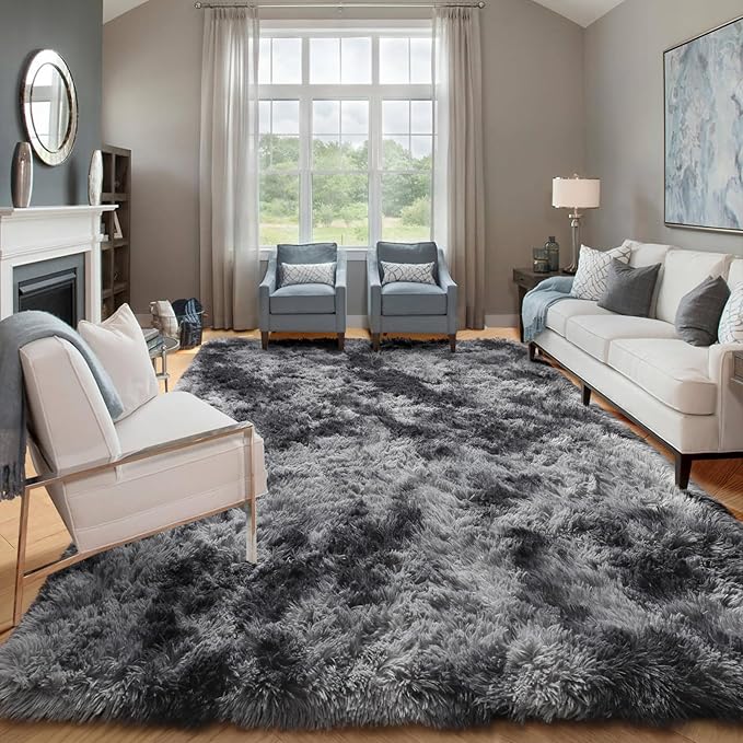 ONASAR Area Rugs 9x12 Living Room, Tie-Dyed Dark Grey Large Fluffy Bedroom Rug, Washable Soft Plush Thick Shaggy Big Floor Carpet for Kids Boy Girls Teen Dorm Nursery Indoor Home Decor Aesthetic
