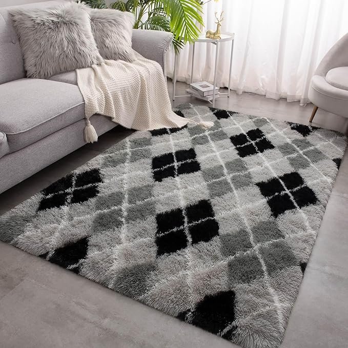 Meralax Black and Grey Checkered Area Rug, Geometric 5x8 Soft Fluffy Rugs for Living Room Bedroom, Machine Washable Shaggy Rugs Indoor Floor Carpet for Kids, Girls, Dorms, Home Decor Aesthetic