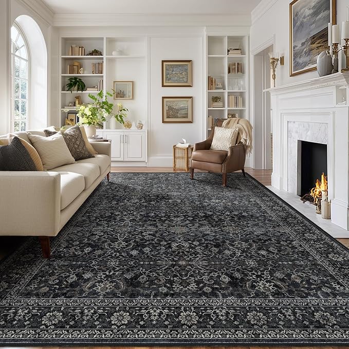 Vintage Charcoal Large Area Rugs 9x12 for Living Room, Earth Tone Dark Big Room Carpet Rug for Bedroom Dining Room, Washable Rug with Rubber Backing Low Pile Thin Soft for Family Room