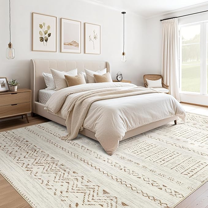 Area Rugs for Living Room Washable Living Room Rug Soft Neutral Indoor Floor Carpet Non-Slip Stain Resistant Modern Boho Rugs for Bedroom Dining Room Kids Room Nursery Office Home Brown/Cream
