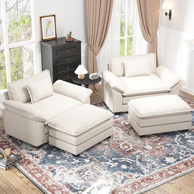 CDCASA Oversized Accent Chair with Ottoman, Chenille Comfy Cloud Sofa Chair with Large Seat and Upholstered Armrests, Modern Extra Wide Armchair Reading Chairs for Bedroom, Living Room,Set of 2,Beige