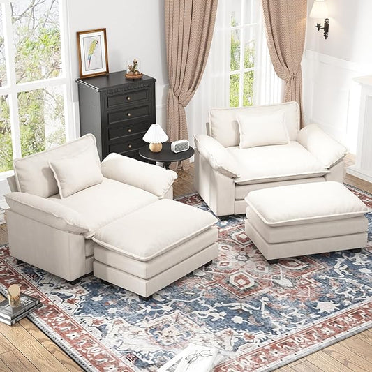 CDCASA Oversized Accent Chair with Ottoman, Chenille Comfy Cloud Sofa Chair with Large Seat and Upholstered Armrests, Modern Extra Wide Armchair Reading Chairs for Bedroom, Living Room,Set of 2,Beige