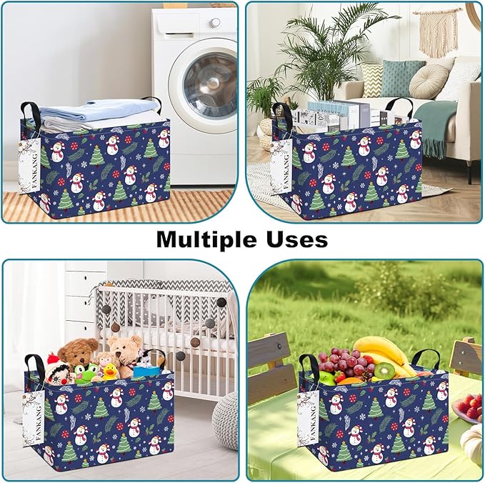 FANKANG Storage Bins,Christmas Nursery Hamper Canvas Laundry Basket Foldable with Waterproof PE Coating Storage Baskets for Boys and Girls, Office, Bedroom,Toys(Rec-Christmas snowman ）