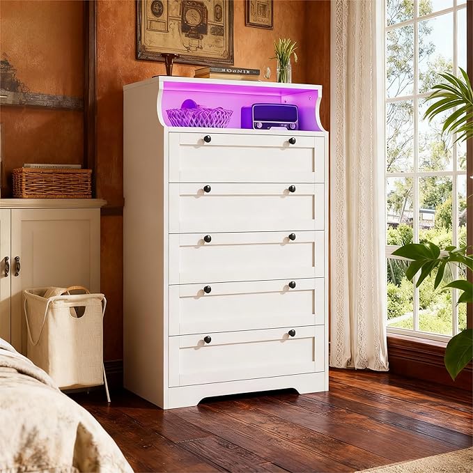 EnHomee White Dresser with LED Light, Tall Dresser for Bedroom, 5 Drawers & 1 Shelves for Bedroom, Home Office