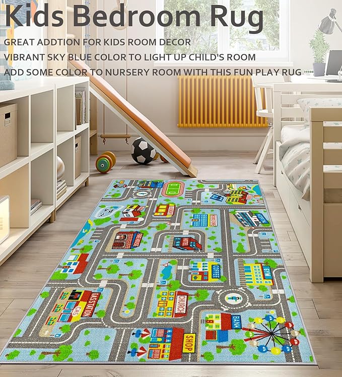 Kids Carpet Playmat Rug 5'2''x3'3'', Kids Rugs for Bedroom, Non-Slip Town City Road Map Car Rugs for Kids Toy Cars, Track Carpet Play Rug for Playroom Classroom Decor (Sky Blue)