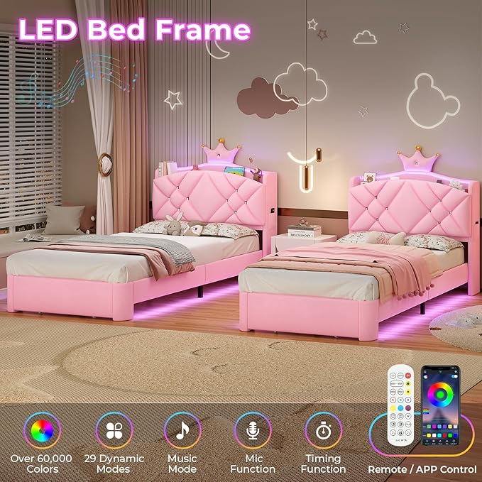 MSmask Twin LED Bed Frame with Storage Headboard & Drawer, Princess Upholstered Bed with Charging Station & Crystal Button & Crown, Velvet Platform Bed for Girls, Solid Wood Slats, Curved Legs, Pink