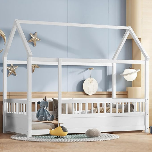Twin Size House Bed with High Fence for Kids,Twin Floor Bed Frame, Kids Montessori Bed Twin Size,Solid Wood House Bed Frame for Boys,Girls,White