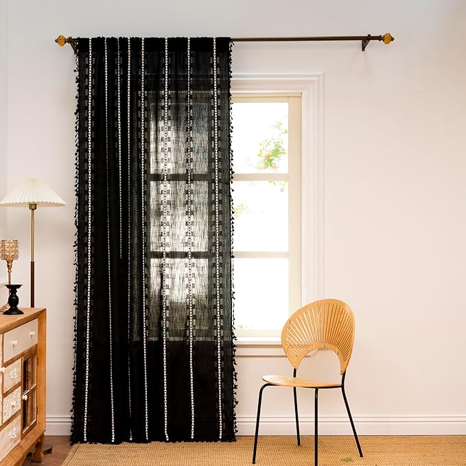 Deeprove Black Boho Curtain 84 inches Length for Living Room Bedroom Nursery, Bohemian 84 inches Long, Mid Century Western Embroidery Textured Halloween Privacy Window Trim Decor W52 x L84, 1 Panel