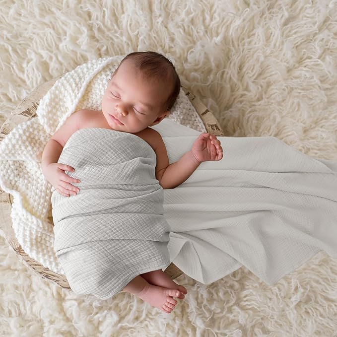 Bearmoss Muslin Swaddle Blankets, 40 x 38 inches Baby Swaddle for Boys and Girls, Soft Baby Blanket, 3 Pack Breathable Nursery Receiving Blankets (Cloud)