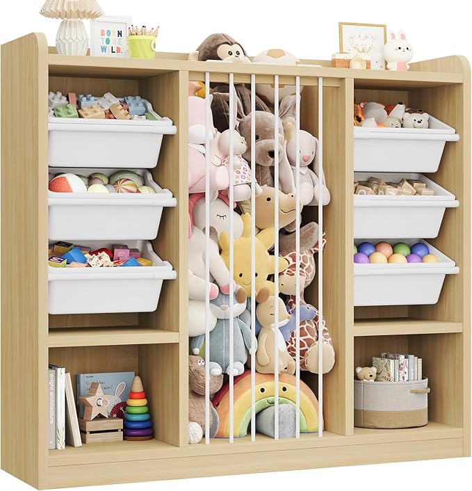 ONBRILL Toy Storage Organizer with 6 Removable Plastic Bins, Toddler Stuffed Animal Storage, Toy Box Cabinet with 2 Open Cubbies, Book Shelf for Kids Room Playroom Bedroom Nursery (Maple Wood)