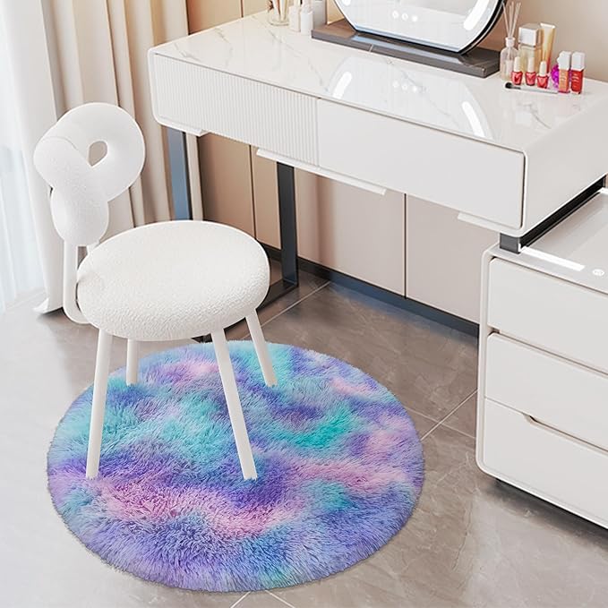 3x3 ft Small Fluffy Purple Rainbow Kids Rug for Girls Bedroom,Tie Dye Colorful Soft Shag Carpet Round Plush Shaggy Circle Area Rug Pink for Girls Room Nursery Baby Playroom Unicorn Home Decor