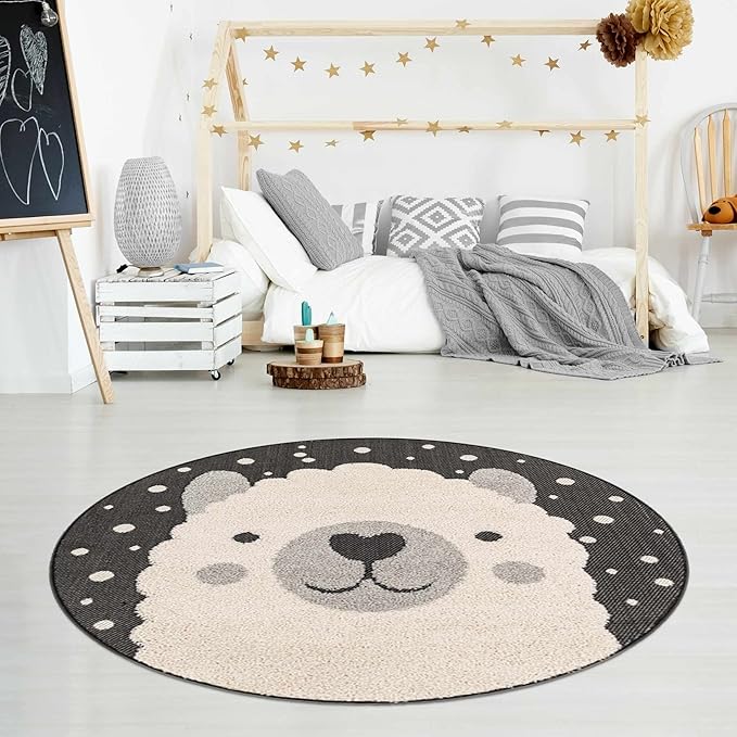Hauteloom Kids Room, Nursery Round Area Rug - Outdoor Patio Safe - Animal Baby Elephant Playroom Carpet - Beige, Gray, Black, Cream - 7'10"