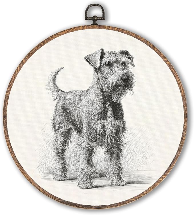 Vintage Schnauzer Round Wall Art Framed, Retro Schnauzer Dog Round Wall Decor, Dog Lover Gifts Hanging Canvas Print Wall Sculpture for Farmhouse Home Living Room Decor, 10x10 Inch