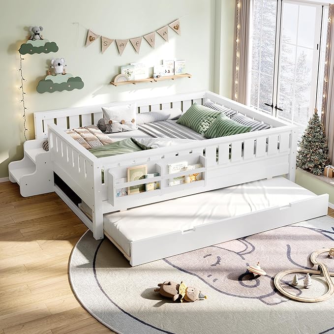 Bellemave Full Bed with Trundle and Stairs, Full Size Platform Bed Frame with Fence and Bookshelf, Easy Assemble Beds for Kids, Girls, Boys, White