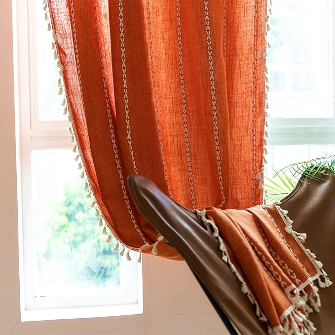 Deeprove Orange Boho Curtains 72 inches Length, Vintage Burnt Bohemian Embroidery Farmhouse Cotton Linen Fringe Window Treatments Autumn Fall Thanksgiving Gothic Halloween Decor, W52 x L72, 1 Panel