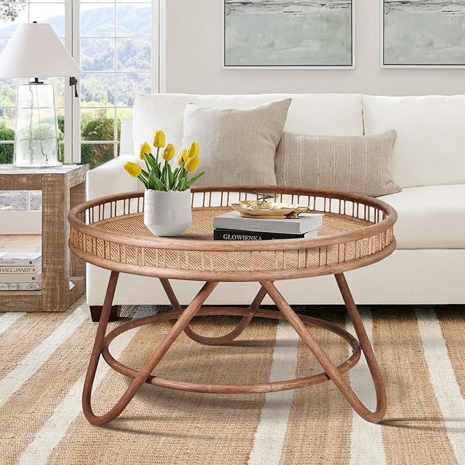 FINECASA Boho Rattan Coffee Table Round, Handwoven Modern Style Round Wicker Coffee Table for Living Room,32x18 '' Brown