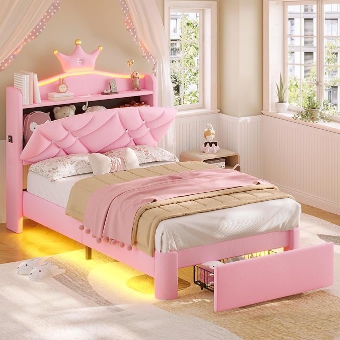 MSmask Twin LED Bed Frame with Storage Headboard & Drawer, Princess Upholstered Bed with Charging Station & Crystal Button & Crown, Velvet Platform Bed for Girls, Solid Wood Slats, Curved Legs, Pink