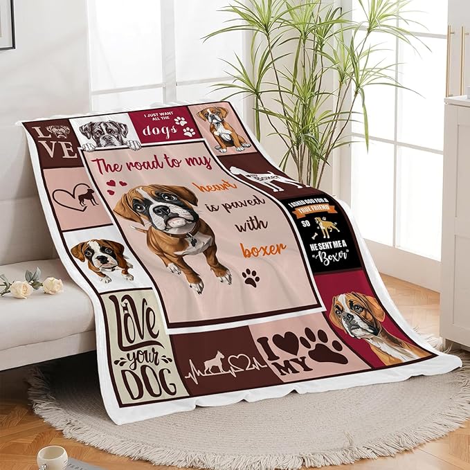Boxer Blanket Cute Puppy Decor Throw Blanket Super Soft Flannel Lightweight Fluffy Plush Cozy Fuzzy Fleece Blanket Gifts for Dog Lover Girl Boys Woman Man Kids Adults for Bed Sofa Couch 60"X80"