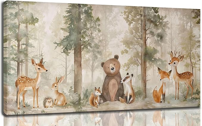 Woodland Animal Nursery Canvas Wall Art Wild Animals Forest Paintings Pictures Wall Decor Fox Bear Deer Watercolor Poster Print Artwork for Boys Room Girls Room Home Decoration （Framed）