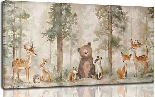 Woodland Animal Nursery Canvas Wall Art Wild Animals Forest Paintings Pictures Wall Decor Fox Bear Deer Watercolor Poster Print Artwork for Boys Room Girls Room Home Decoration （Framed）