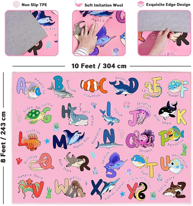 Kids Rug for Playroom, 8x10 Ft Educational Rug for Learn The ABC Alphabet, Soft Machine Washable Non-Slip Cute Marine Organisms Carpet for Classroom Toddler Nursery Kids Room Decor Mat, Pink