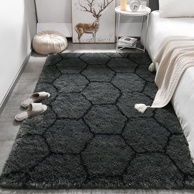Meralax Hexagon Grey Rugs for Living Room Bedroom, 5x8 Soft Area Rug Fluffy Shaggy Bedside Rug, Machine Washable Indoor Gray Floor Carpet for Kids, Dorms, Nursery Rooms, Home Decor Aesthetic