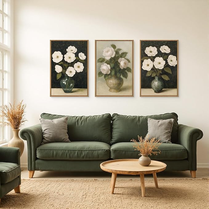 FWIEXA Vintage Floral Canvas Wall Art Set of 3, Framed French Country Pictures Wall Decor, Retro Botanical Painting, 16x24 Inches Rustic Black White Flower Aesthetic Prints Artwork for Living Room, Bedroom, Bathroom, Farmhouse