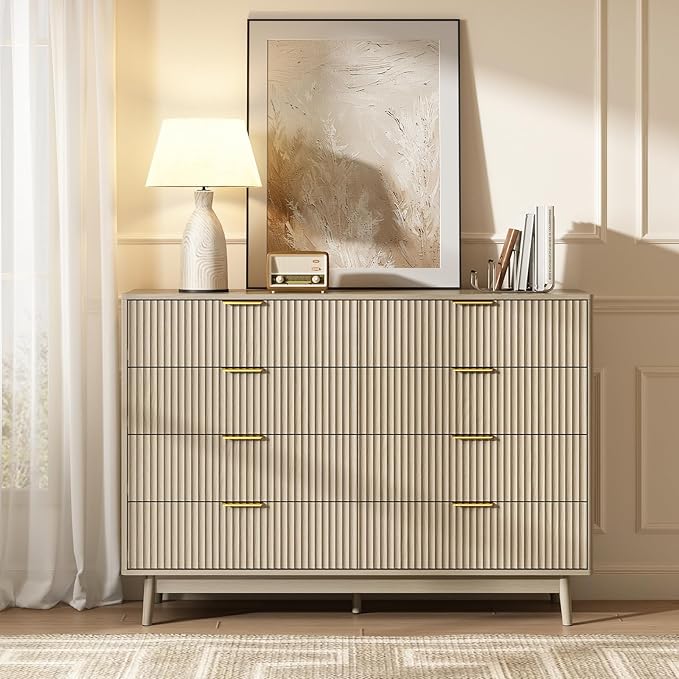 CARPETNAL Fluted 8 Drawer Dresser for Bedroom, 55" Wide Wooden Chest of Drawers with Rounded Corners, Gold Handles, Modern Storage Organizer for Bedroom, Hallway(Beige)