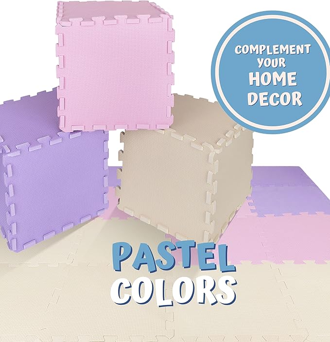 TOYVELT Foam Puzzle Floor Mat for Kids - 12x12-32 Interlocking Play Mat Tiles with Colors - Educational Large Puzzle Foam Floor Tiles for Crawling, Non-Toxic - Pink-Purple-Beige