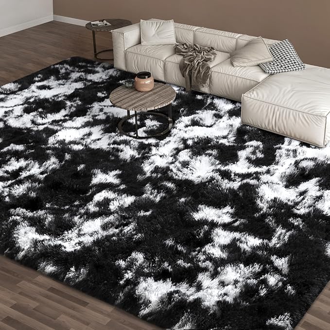 EVOIONOS Area Rug for Bedroom Living Room, Machine Washable 5x7 Fluffy Shag Rug, Soft Plush Non Slip Carpet for Indoor Floor Bedside Nursery Kids Room, Home Decor Aesthetic, Tie-Dyed Black and White