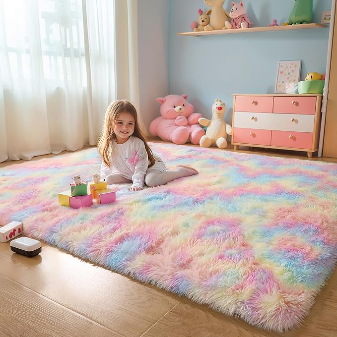 5x8 Rainbow Shaggy Unicorn Kids Rug for Girls Bedroom, Fluffy Fuzzy Soft Shag Princess Area Rugs for Living Room, Pastel Plush Washable Non-Slip Carpet for Nursery, Teens Boys Dorm Toddler Room