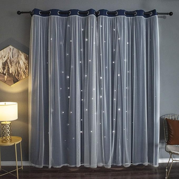 Kinryb Sheer Overlay Curtains for Girls Bedroom, W52xL84 Inches, 2 Panel Navy Blue Star Cutout Curtains with 2 Free Tiebacks