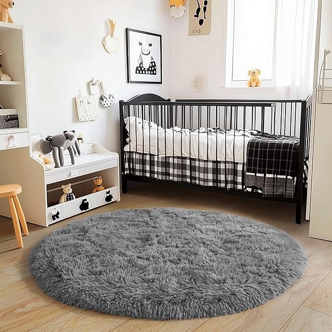 5'x5' Grey Round Rug for Bedroom, Ultra Soft Fluffy Circle Rug for Kids Girls Boys Room, Cute Shag Rugs for Living Room Playroom Teen Room Home Decor Rug
