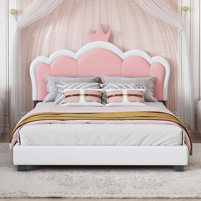 Full Size Princess Bed Frame with Crown Shaped Headboard for Kids,Upholstered Platform Bed with Slats Support,Full Girls Bed,Full Bed for Girls Teens,White
