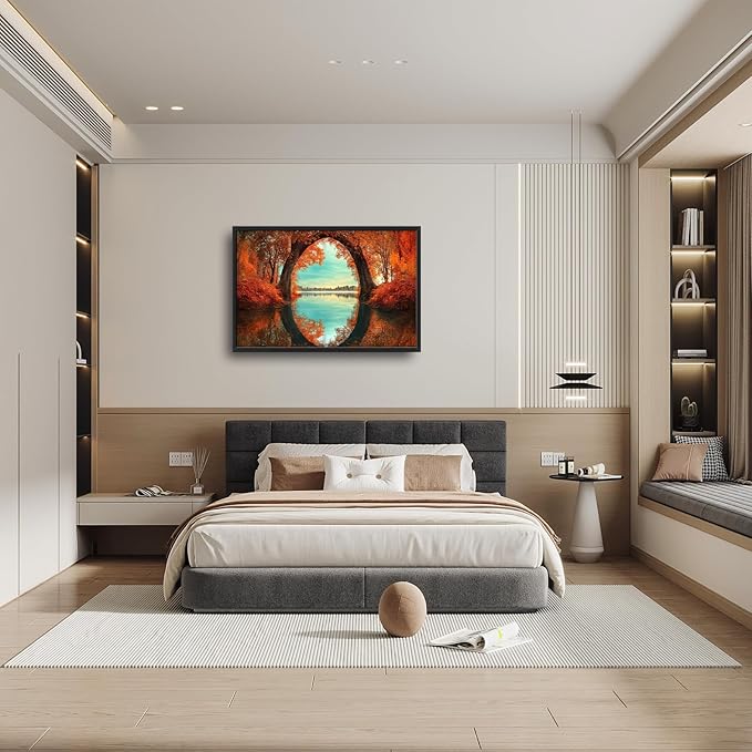 Olivine Fall Wall Art, Tree Pictures Wall Decor, Nature Landscape Painting, Autumn Forest Canvas Prints, Framed Artwork for Bathroom Bedroom Living Room Office Home Decoration 36"x24"