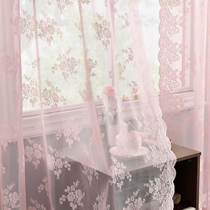 Kotile Pink Lace Curtains for Girls Bedroom - Vintage Floral Pattern Sheer Lace Curtains 72 Inch Length, Privacy Rod Pocket Scalloped Sheer Lace Window Curtain 2 Panels Set, 52 x 72 Inch, Pink