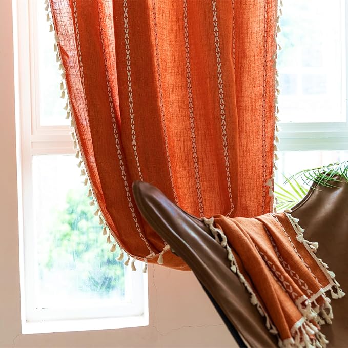 Deeprove Orange Boho Curtains 84 inches Long with Tassel for Bedroom Living Room, Bohemian Farmhouse Terracotta Cotton Linen Burnt Country Window Treatments Fall Halloween Decor, W52 x L84, 1 Panel