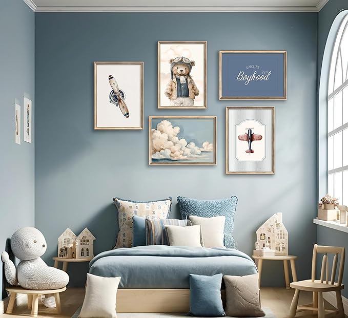 Vintage Baby Boy Nursery Wall Art Retro Airplane Travel Kids Room Canvas Wall Decor Teddy Bear Pictures Navy Blue Aviation Posters Cloudy Sky Painting Print Artwork for Boy Room Playroom, Unframed