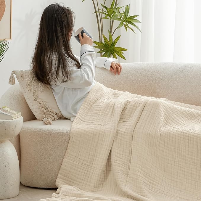 Love's cabin 6 Layer 100% Cotton Muslin Blanket, 90"x90" Muslin Blanket Queen for Couch Bed, Lightweight and Breathable Cotton Gauze for Adult, Beige