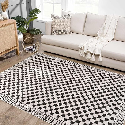 Hauteloom Leryn Contemporary Checkered Area Rug - Modern Geometric Bordered Carpet for Living Room, Bedroom, Dining Room - Checkboard Design - Square Tiles - High Pile - Black and White - 8'10" x 12'
