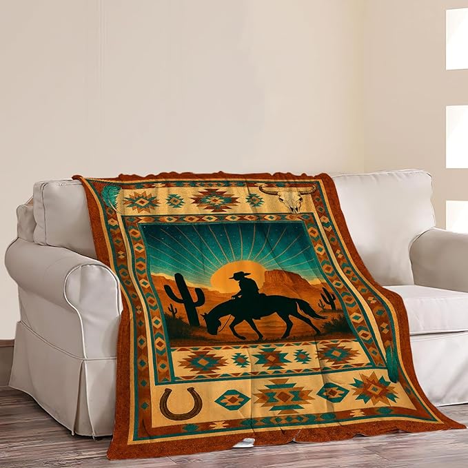 Western Cowboy Blanket Southwest Cowboy Horse Tropical Cactus Mexican Throw Blanket Soft Cozy Fleece Fuzzy Plush Warm Stuff Bedding Blankets Gifts for Boys Girls Kids Adult Men Women 60"X80"