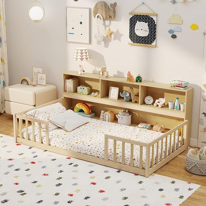 Giantex Twin Floor Bed for Kids, Wooden Montessori Bed Frame with Bookcase, Storage Shelves & Safety Fence Rails, Floor Beds Twin for Girls, Boys, No Box Spring Needed, Without Slats, Natural