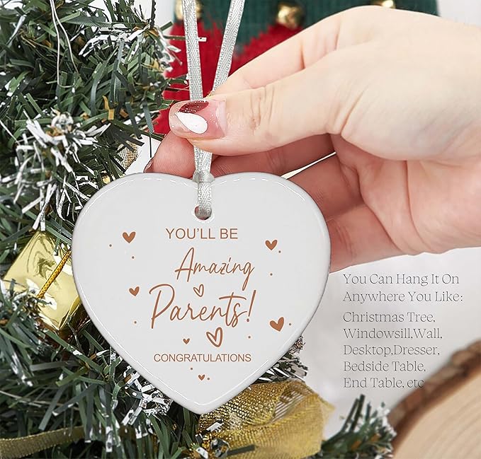 Heart Shaped Christmas Ornament-First Time Parents Gift-New Baby Shower Pregnancy Announcement Keepsake for Mom Dad to Be Ceramic Plaque Decor