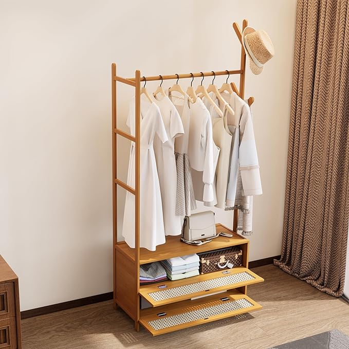 Clothing Rack with Shelves,Bamboo Clothes Rack,Natural Clothes Rack Hanging,Drawers Hanging Racks,Garment Racks with Shelves (27.6inch Width Natural with Rattan Door)