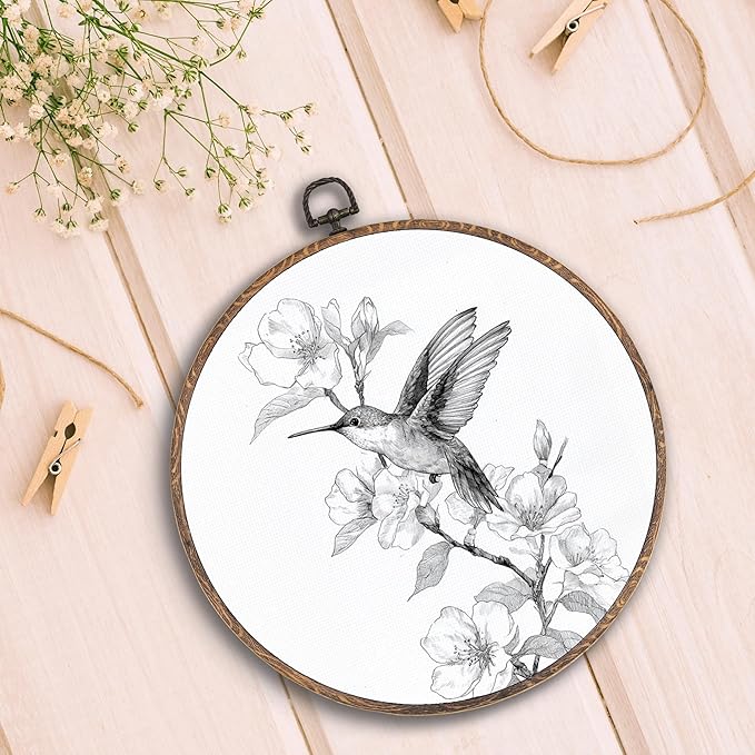 Retro Hummingbird Round Wall Art Framed, Vintage Floral Bird Round Wall Decor, Sketch Bird Hanging Canvas Prints Wall Sculptures for Farmhouse Home Bedroom Decor, 10x10 Inch