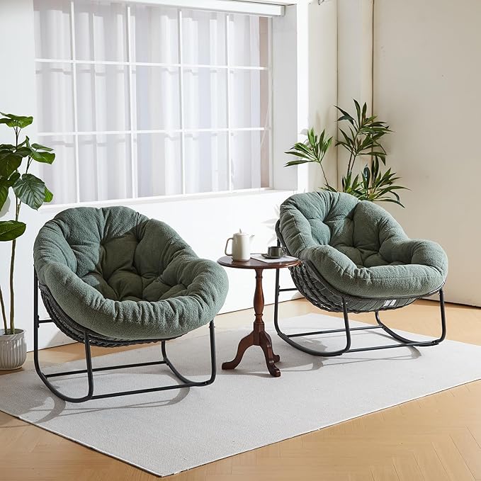 Oversized Outdoor Papasan Rocking Chair Set of 2 with Soft Cushion, Comfy Patio Egg Chair, Wicker Lounge Rocker for Balcony/Porch/Garden, Reinforced All Weather Rattan Frame, Hunter Green